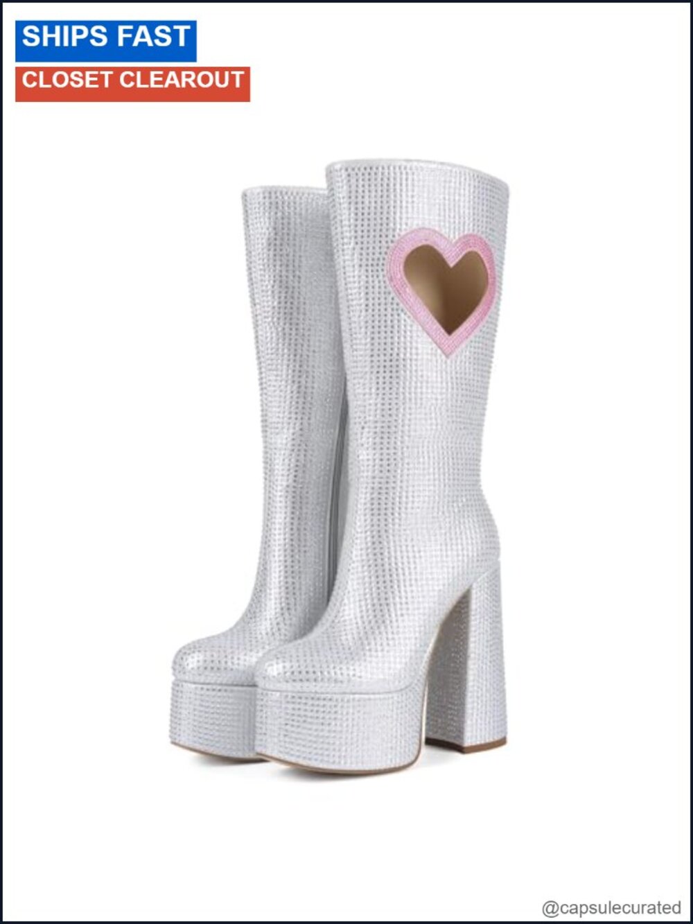 Chunky Platform Knee High Boots Wide Calf Heart Rhinestone Handmade